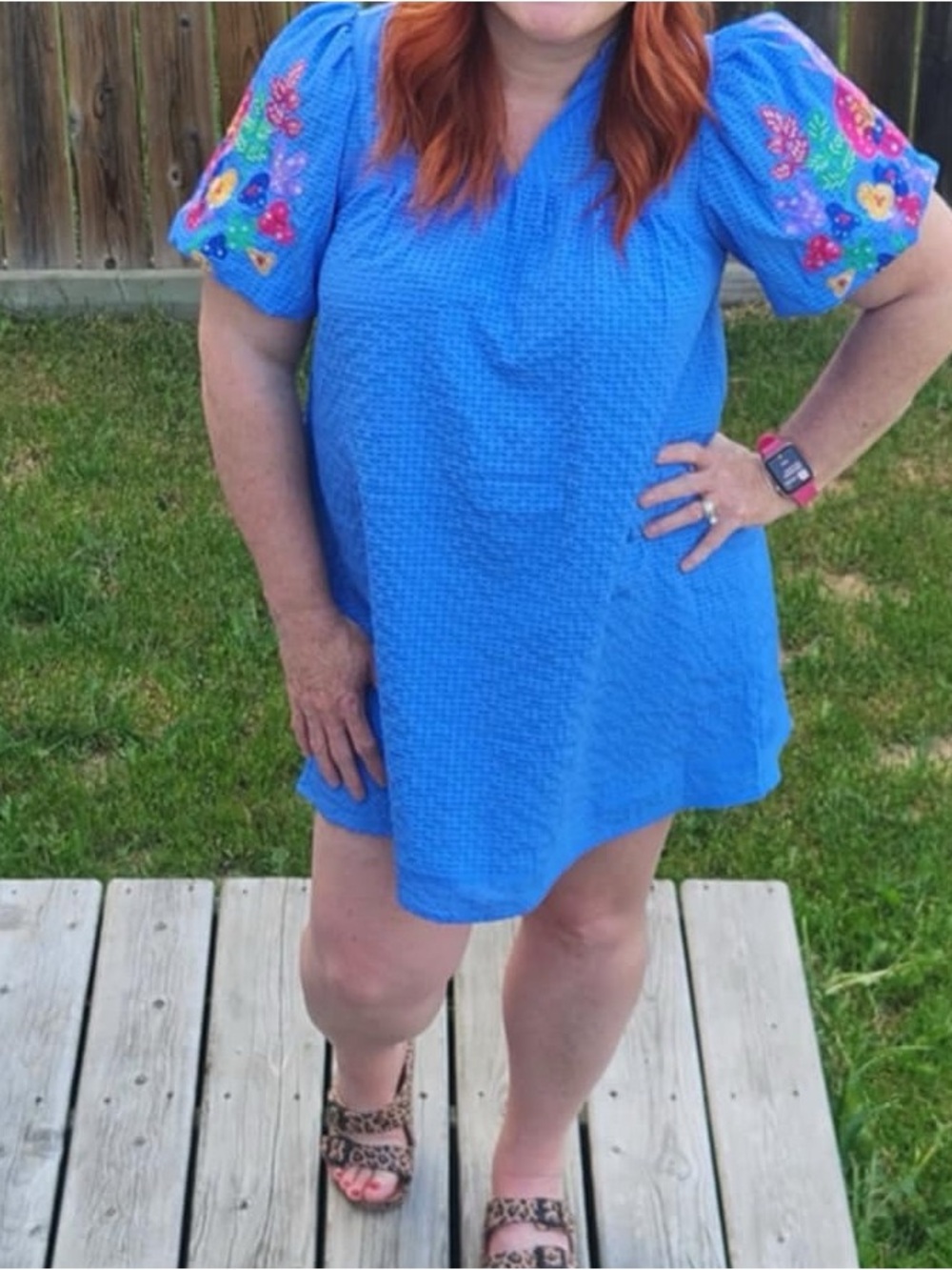 Umgee Blue Mini Dress with Colorful Embroidered Puff Sleeves size Medium
